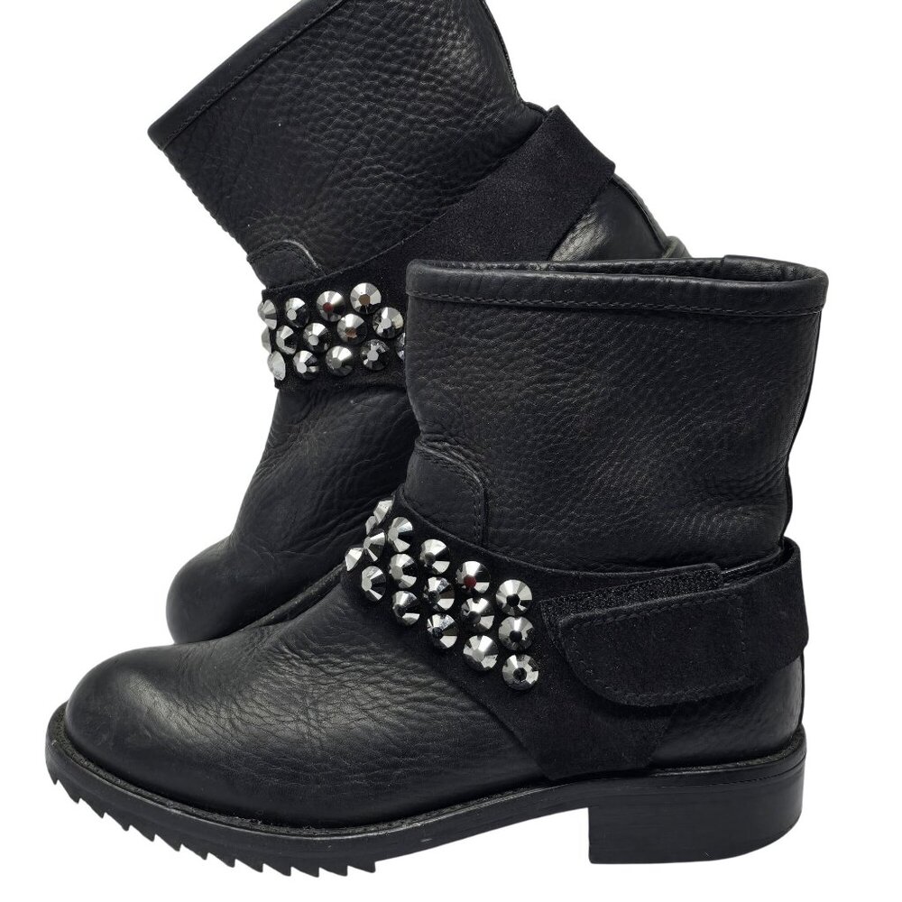 Pedro Garcia Kian Black Leather Swarovski Embellished Moto Boots, Women's 36